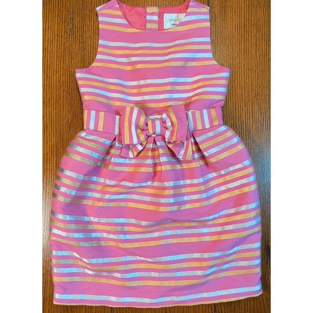 Gymboree Dressed Up Dress Girls 7 Pink Gold Silver Metallic Stripe Bow Formal